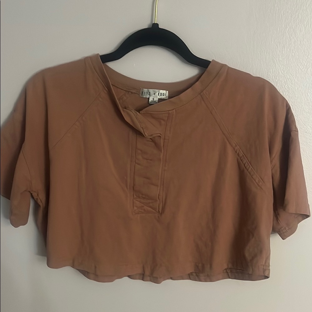 Brown Crop Top with Mandarin Collar and Buttoned Style